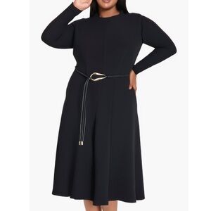 BELT MISSING - Maggy London Tie Waist Long Sleeve Black Midi Fit & Flare Dress